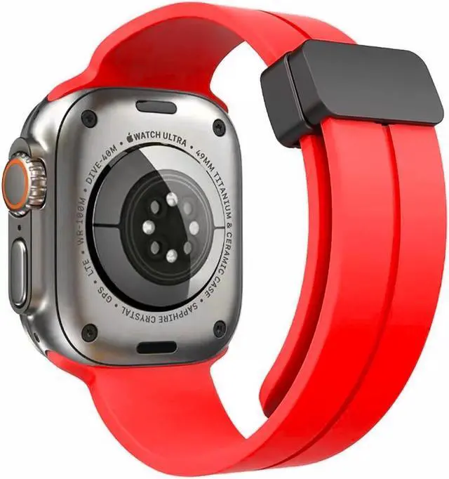 Alt view image 2 of 7 - Premium Silicone Band with Magnetic Buckle for Apple Watch 49mm / 45mm / 44mm / 42mm - Red