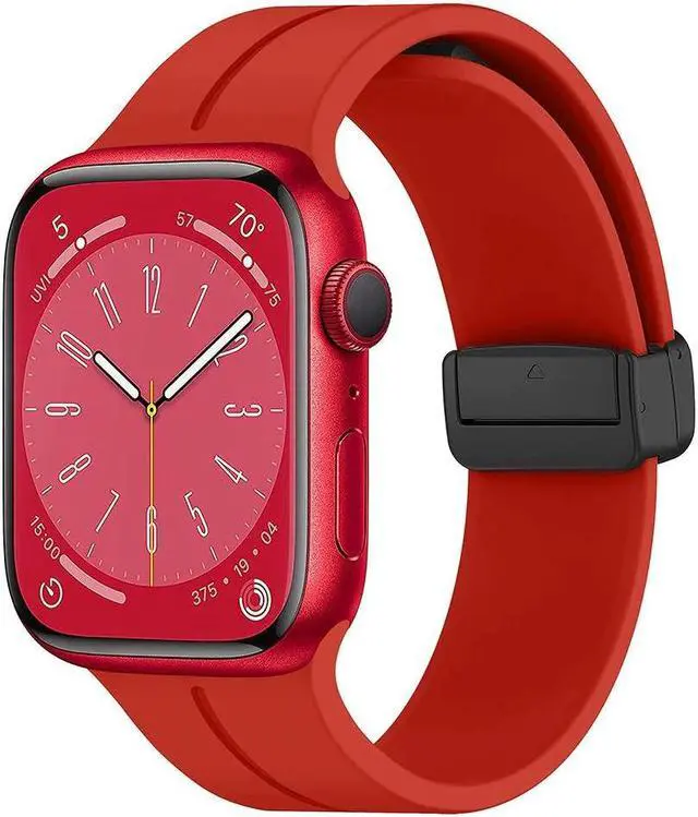 Alt view image 3 of 7 - Premium Silicone Band with Magnetic Buckle for Apple Watch 49mm / 45mm / 44mm / 42mm - Red