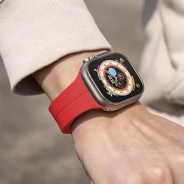 Alt view image 7 of 7 - Premium Silicone Band with Magnetic Buckle for Apple Watch 49mm / 45mm / 44mm / 42mm - Red