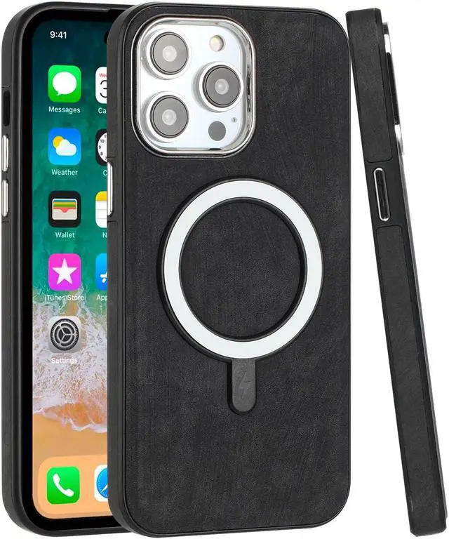 Alt view image 3 of 3 - MagSafe Compatible Premium Leather Case for iPhone 14 Pro Max - Black