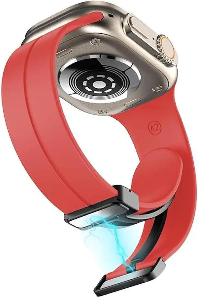 Alt view image 4 of 7 - Premium Silicone Band with Magnetic Buckle for Apple Watch 49mm / 45mm / 44mm / 42mm - Red