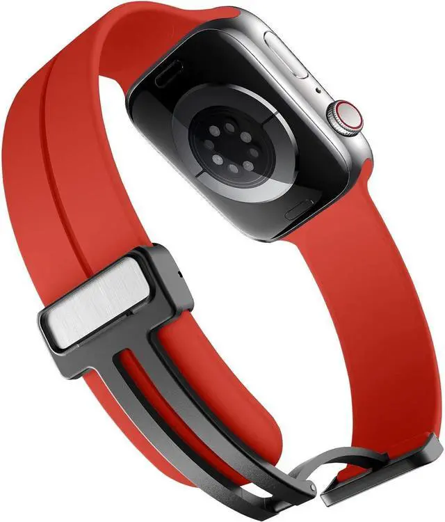 Alt view image 5 of 7 - Premium Silicone Band with Magnetic Buckle for Apple Watch 49mm / 45mm / 44mm / 42mm - Red