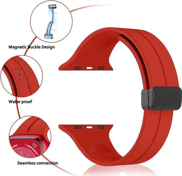 Alt view image 6 of 7 - Premium Silicone Band with Magnetic Buckle for Apple Watch 49mm / 45mm / 44mm / 42mm - Red