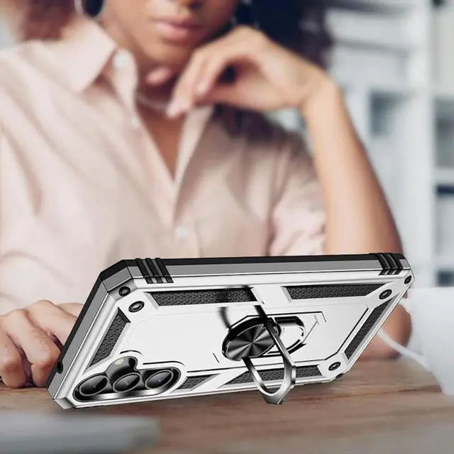 Alt view image 6 of 7 - Military Grade Hybrid Case with Ring Grip for Samsung Galaxy S23 FE - Silver