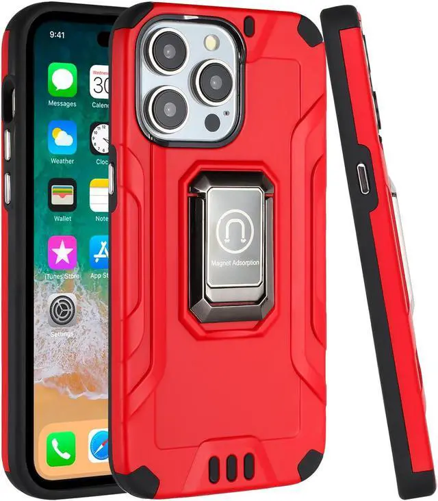Alt view image 2 of 7 - Tough Metallic Hybrid Case with Ring Grip and 3-Pack Tempered Glass Screen Protectors for iPhone 15 Pro Max - Red