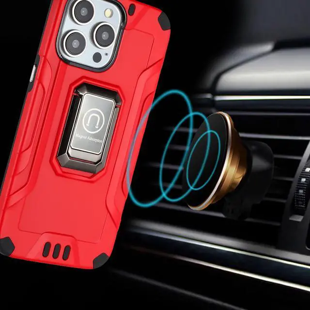 Alt view image 3 of 7 - Tough Metallic Hybrid Case with Ring Grip and 3-Pack Tempered Glass Screen Protectors for iPhone 15 Pro Max - Red