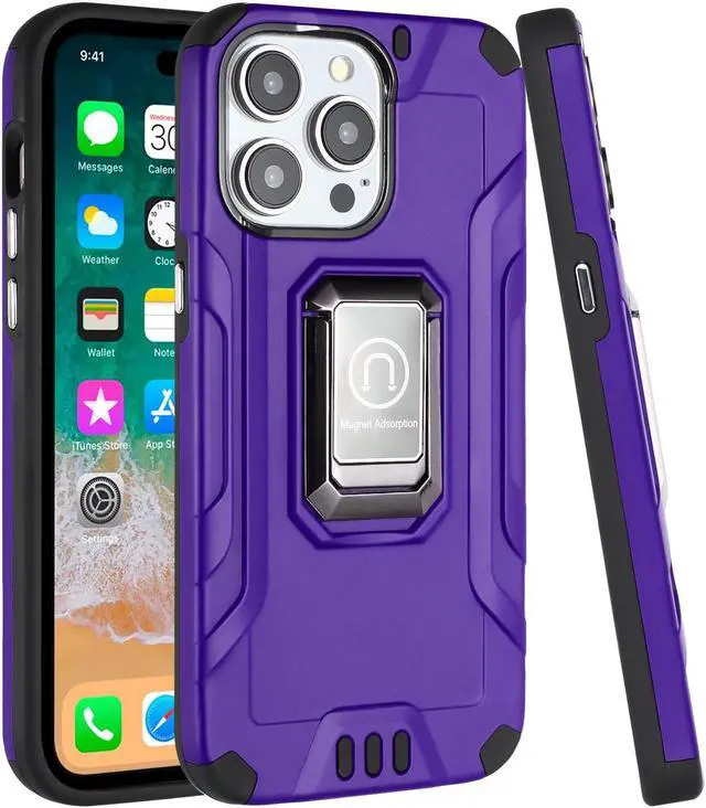 Alt view image 2 of 7 - Tough Metallic Hybrid Case with Ring Grip and 3-Pack Tempered Glass Screen Protectors for iPhone 15 Pro - Purple