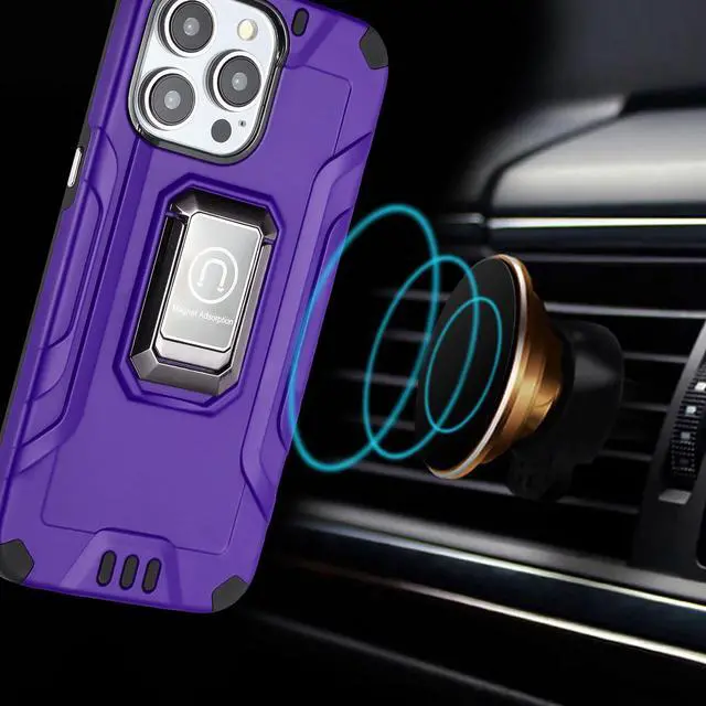 Alt view image 3 of 7 - Tough Metallic Hybrid Case with Ring Grip and 3-Pack Tempered Glass Screen Protectors for iPhone 15 Pro - Purple