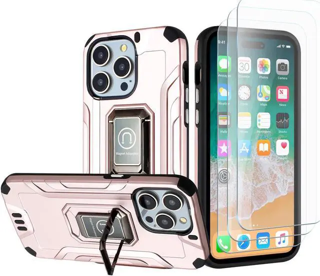Main image of Tough Metallic Hybrid Case with Ring Grip and 3-Pack Tempered Glass Screen Protectors for iPhone 15 Pro - Rose Gold