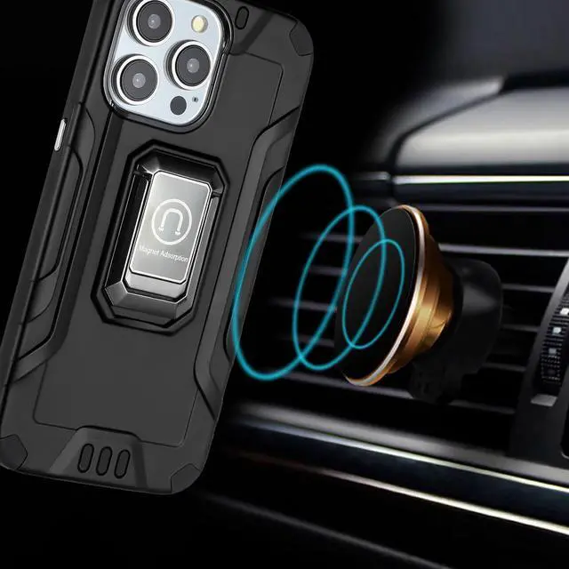 Alt view image 3 of 7 - Tough Metallic Hybrid Case with Ring Grip and 3-Pack Tempered Glass Screen Protectors for iPhone 15 - Black
