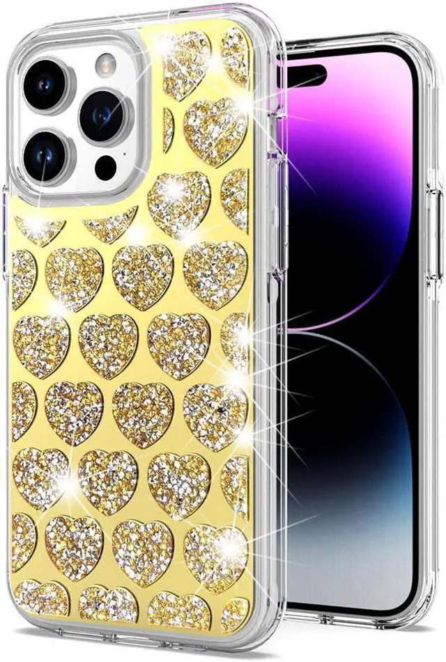 Main image of Diamond Encrusted Hybrid Case for iPhone 15 Pro Max - Heart Gold