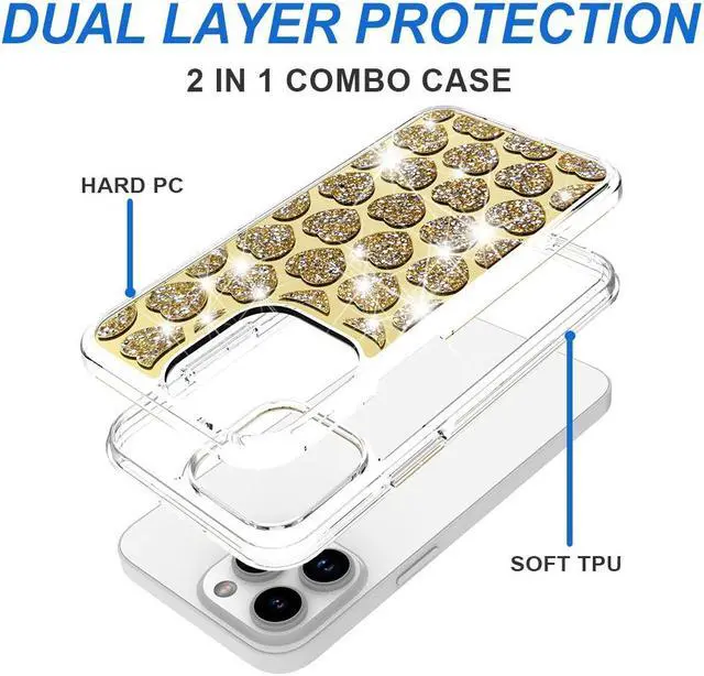 Alt view image 2 of 2 - Diamond Encrusted Hybrid Case for iPhone 15 Pro Max - Heart Gold