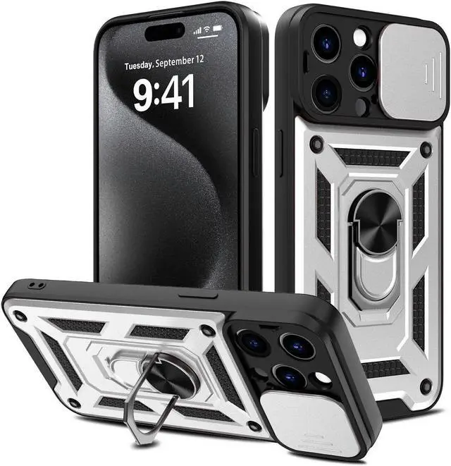 Main image of Elite Series Hybrid Case with Ring Grip and Camera Lens Cover for iPhone 15 Pro - Silver