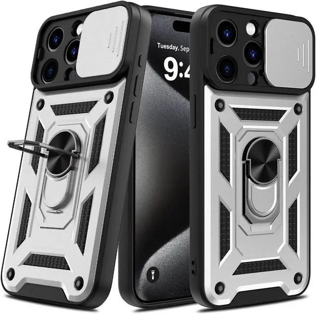 Alt view image 6 of 7 - Elite Series Hybrid Case with Ring Grip and Camera Lens Cover for iPhone 15 Pro - Silver