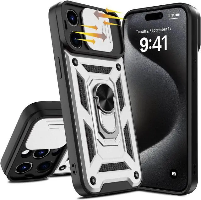 Alt view image 3 of 7 - Elite Series Hybrid Case with Ring Grip and Camera Lens Cover for iPhone 15 Pro - Silver