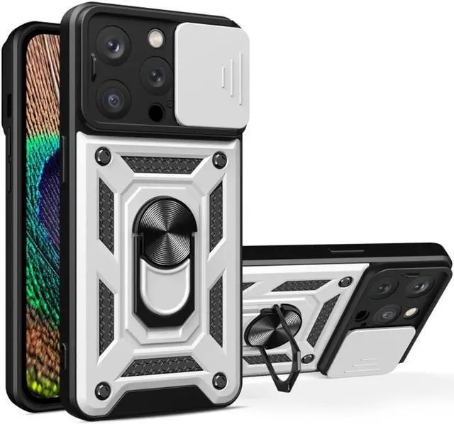 Alt view image 7 of 7 - Elite Series Hybrid Case with Ring Grip and Camera Lens Cover for iPhone 15 Pro - Silver