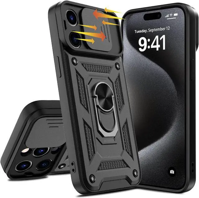 Alt view image 3 of 7 - Elite Series Hybrid Case with Ring Grip and Camera Lens Cover for iPhone 15 Pro Max - Black