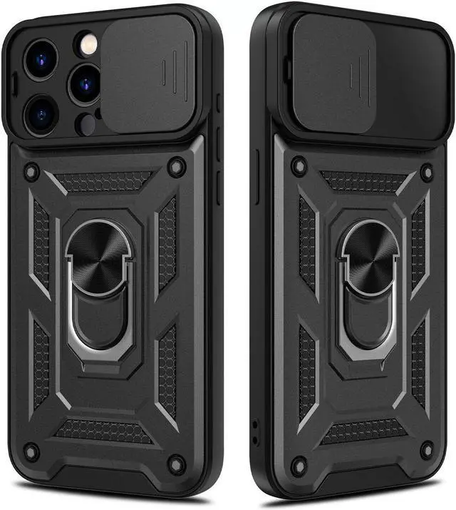 Alt view image 4 of 7 - Elite Series Hybrid Case with Ring Grip and Camera Lens Cover for iPhone 15 Pro Max - Black