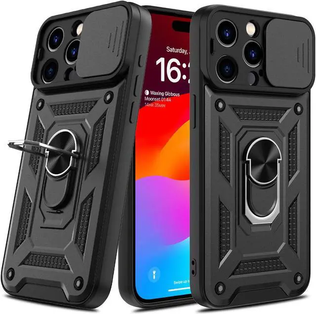 Alt view image 5 of 7 - Elite Series Hybrid Case with Ring Grip and Camera Lens Cover for iPhone 15 Pro Max - Black
