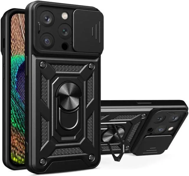 Alt view image 6 of 7 - Elite Series Hybrid Case with Ring Grip and Camera Lens Cover for iPhone 15 Pro Max - Black