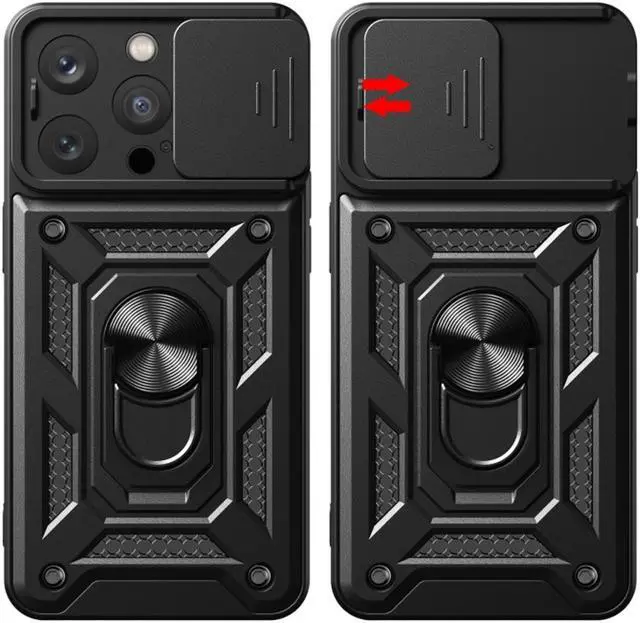 Alt view image 7 of 7 - Elite Series Hybrid Case with Ring Grip and Camera Lens Cover for iPhone 15 Pro Max - Black