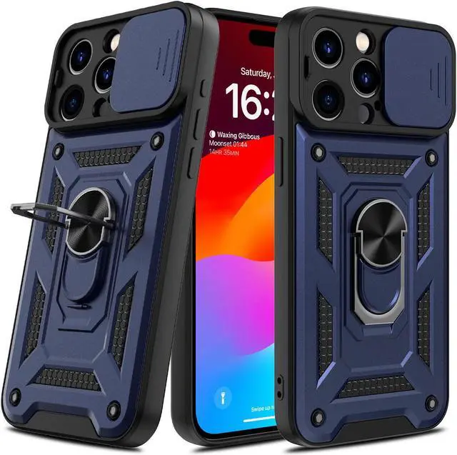 Alt view image 4 of 7 - Elite Series Hybrid Case with Ring Grip and Camera Lens Cover for iPhone 15 Pro Max - Blue