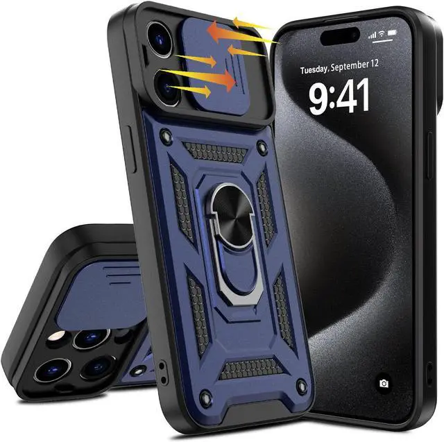 Alt view image 3 of 7 - Elite Series Hybrid Case with Ring Grip and Camera Lens Cover for iPhone 15 Pro Max - Blue