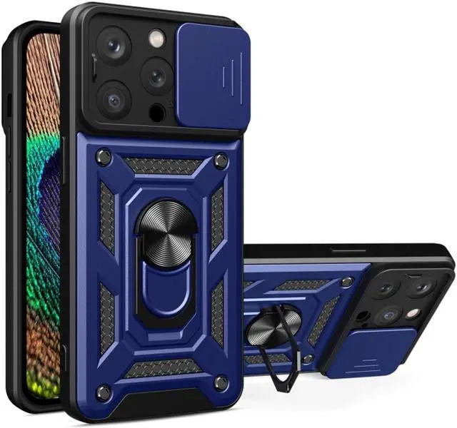 Alt view image 5 of 7 - Elite Series Hybrid Case with Ring Grip and Camera Lens Cover for iPhone 15 Pro Max - Blue