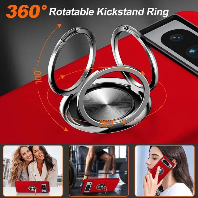 Alt view image 3 of 7 - 360 Rotating Ring Grip Hybrid Case for Google Pixel 8 Pro - Red