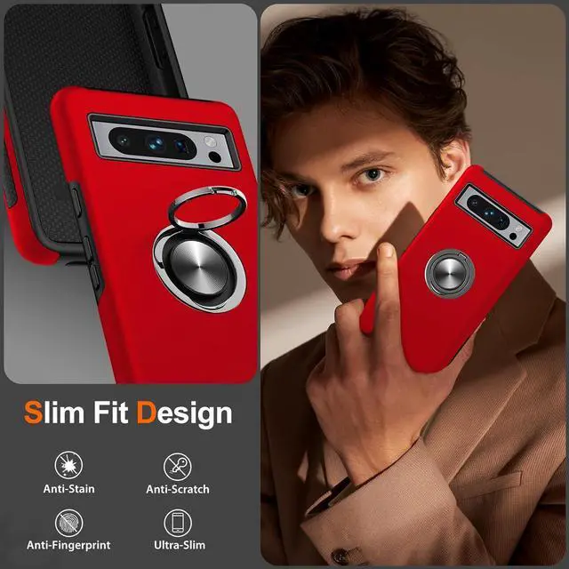 Alt view image 6 of 7 - 360 Rotating Ring Grip Hybrid Case for Google Pixel 8 Pro - Red