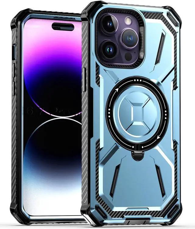 Alt view image 5 of 7 - MagSafe Compatible Military Grade Hybrid Case with Kickstand Ring Holder for iPhone 14 Pro Max - Blue