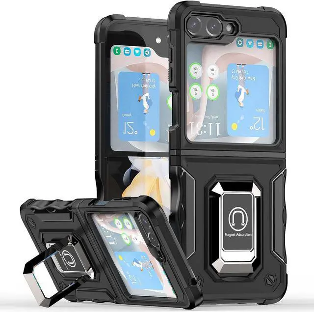 Main image of Military Grade Shockproof Hybrid Armor Case with Ring Grip for Samsung Galaxy Z Flip 5 - Black