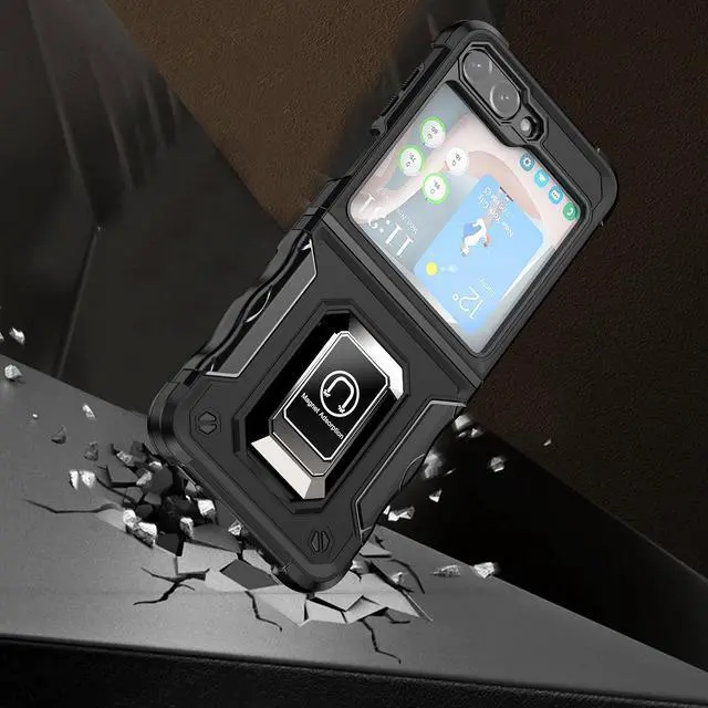 Alt view image 2 of 4 - Military Grade Shockproof Hybrid Armor Case with Ring Grip for Samsung Galaxy Z Flip 5 - Black
