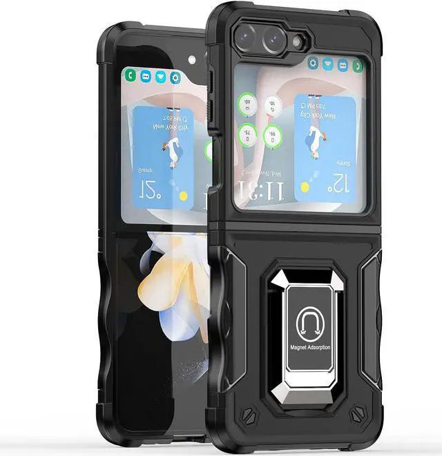 Alt view image 4 of 4 - Military Grade Shockproof Hybrid Armor Case with Ring Grip for Samsung Galaxy Z Flip 5 - Black
