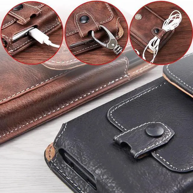 Alt view image 6 of 6 - Premium Vertical Leather Pouch Case with Carabiner Clip (6 to 6.49 inch Screen Size) - Brown