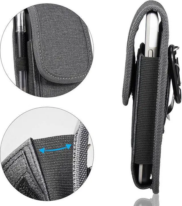 Alt view image 5 of 7 - Premium All-Weather Fabric Vertical Hip Pouch Phone Case with Carabiner Clip (6.5 inch & Above Screen Size) - Black