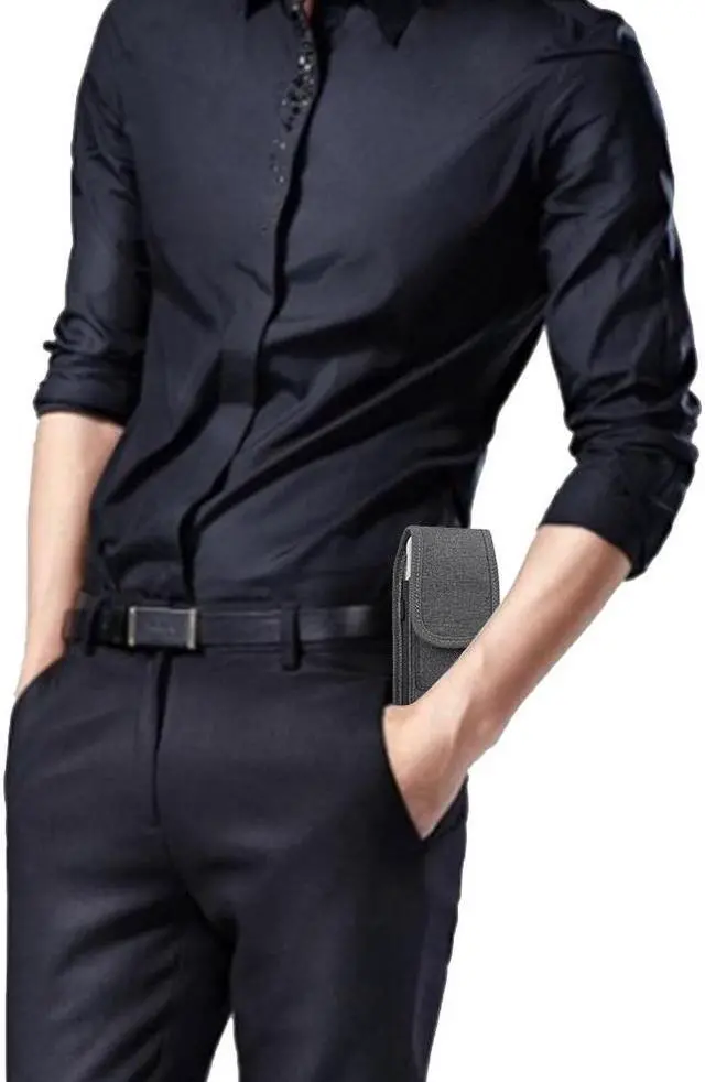Alt view image 2 of 7 - Premium All-Weather Fabric Vertical Hip Pouch Phone Case with Carabiner Clip (6.5 inch & Above Screen Size) - Black