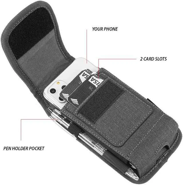 Alt view image 3 of 7 - Premium All-Weather Fabric Vertical Hip Pouch Phone Case with Carabiner Clip (6.5 inch & Above Screen Size) - Black