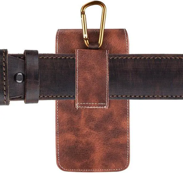 Alt view image 5 of 6 - Premium Vertical Leather Pouch Case with Carabiner Clip (6 to 6.49 inch Screen Size) - Brown