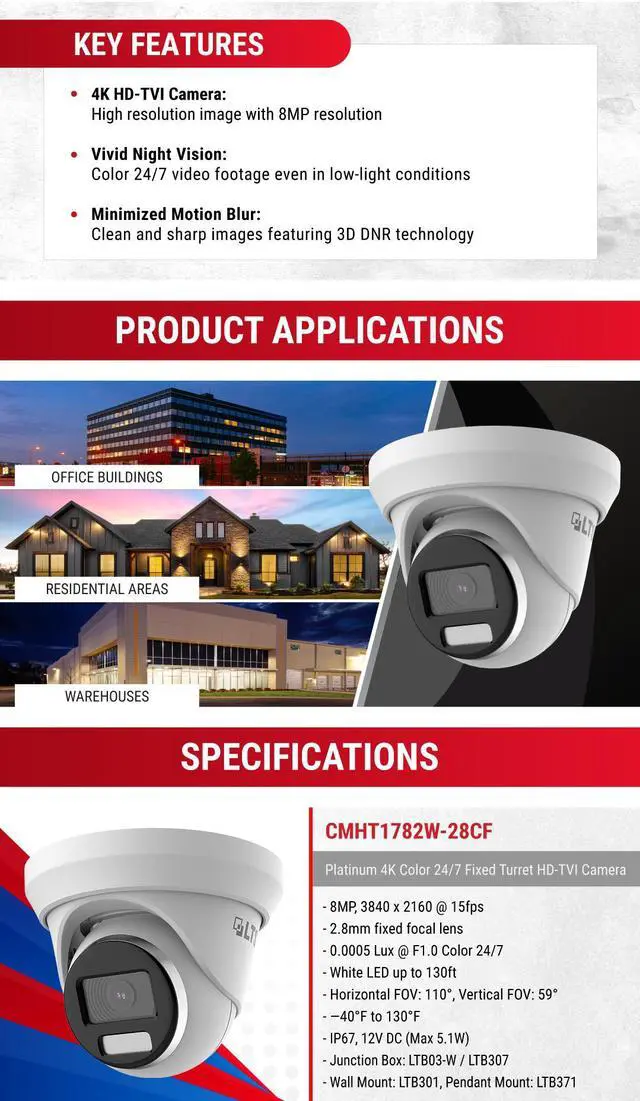Alt view image 3 of 5 - LTS Platinum CMHT1782W-28CF HD-TVI 8MP/4K 247 Full Color 2.8mm WDR 131ft LED Turret Camera LTCMHT1782W-28CF