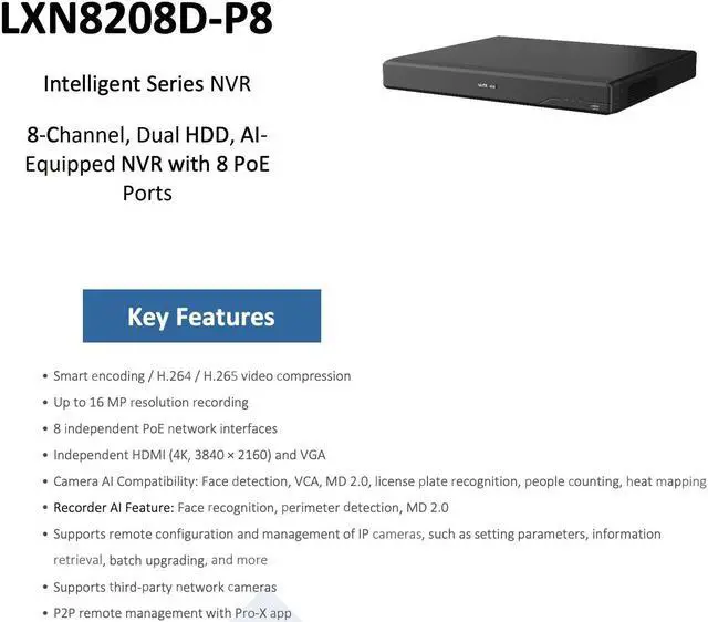 Alt view image 4 of 7 - LTS PRO-X LXN8208D-P8 8CH IP Up to 16MP Human and Vehicle Detection 8 PoE NDAA NVR