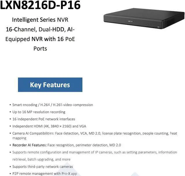 Alt view image 4 of 7 - LTS PRO-X LXN8216D-P16 16CH IP Up to 16MP Human & Vehicle Detection 16 PoE NDAA NVR