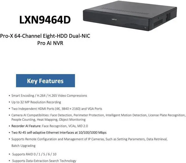 Alt view image 5 of 7 - LTS PRO-X LXN9464D 64CH IP Up to 8K/32MP Human & Vehicle Detection 8 x SATA NDAA NVR