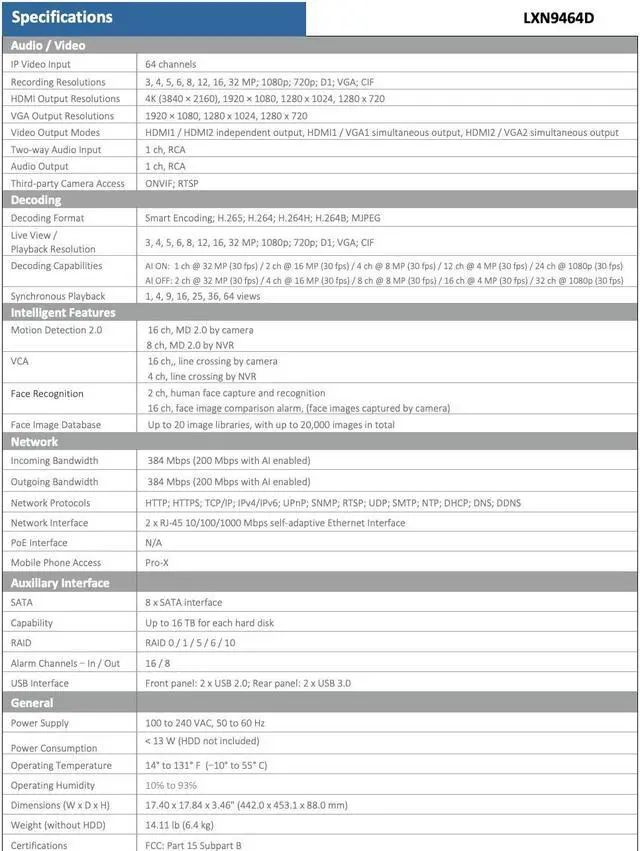 Alt view image 6 of 7 - LTS PRO-X LXN9464D 64CH IP Up to 8K/32MP Human & Vehicle Detection 8 x SATA NDAA NVR
