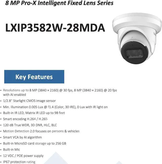 Alt view image 4 of 6 - LTS PRO-X LXIP3582W-28MDA 8MP IP 2.8mm 98ft IR WDR Builtin Mic Ai NDAA Turret Camera