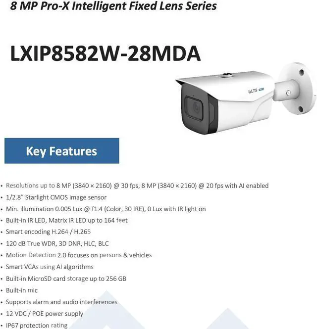 Alt view image 4 of 6 - LTS PRO-X LXIP8582W-28MDA IP 8MP 2.8mm 164ft IR WDR Ai Starlight NDAA Bullet Camera