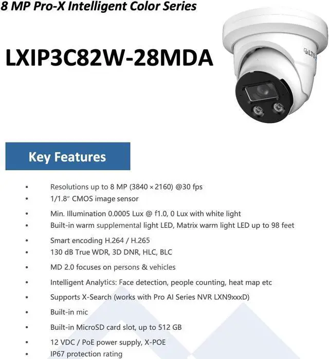 Alt view image 5 of 7 - LTS LXIP3C82W-28MDA PRO-X 8MP IP Full Color 24/7 2.8mm WDR Built-in Mic Ai NDAA Turret Camera