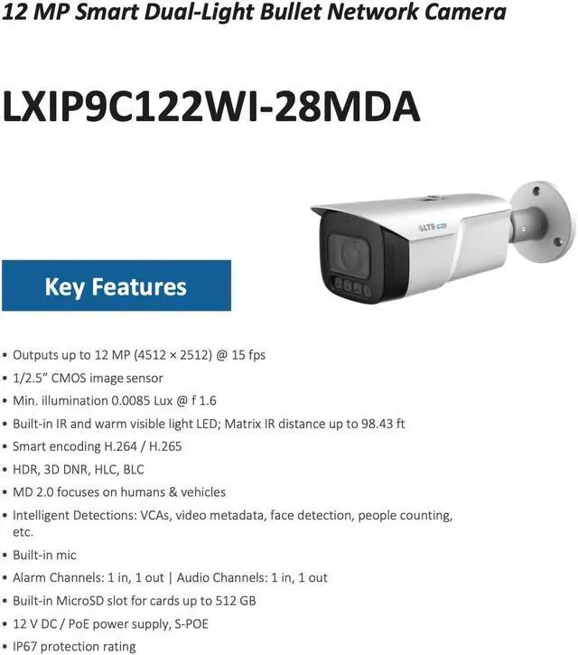 Alt view image 2 of 5 - LTS PRO-X LXIP9C122WI-28MDA IP 12MP/5K 2.8 mm 98ft IR & LED Hybrid Mic Bullet NDAA Camera