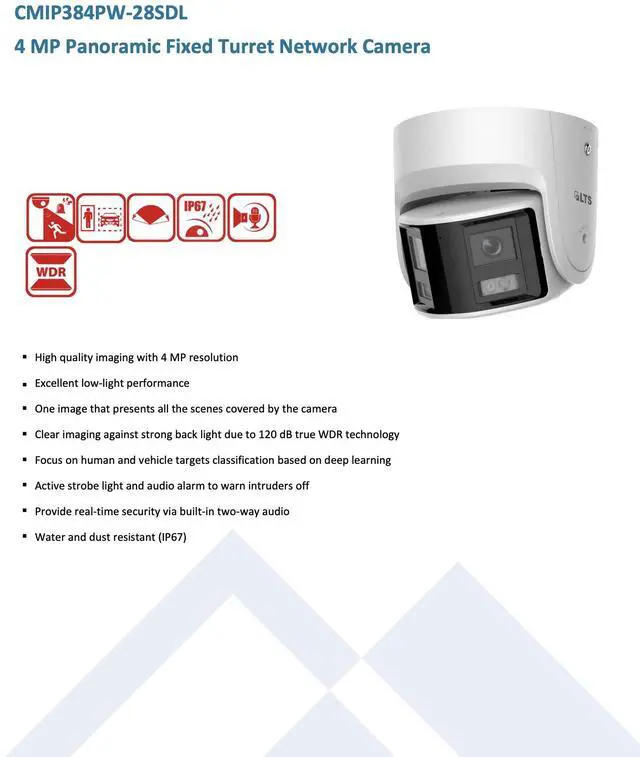 Alt view image 2 of 6 - LTS Platinum CMIP384PW-28SDL IP 4MP Panoramic 2 Way Audio Alarm Deep Learning Turret Camera LTCMIP384PW-28SDL