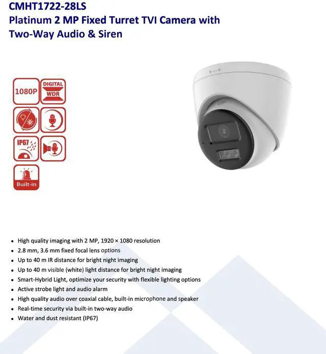Alt view image 2 of 4 - LTS Platinum CMHT1722-28LS TVI 2MP 2.8mm Wide Angle 131ft IR 2 Way Audio Siren Turret Camera LTCMHT1722-28LS